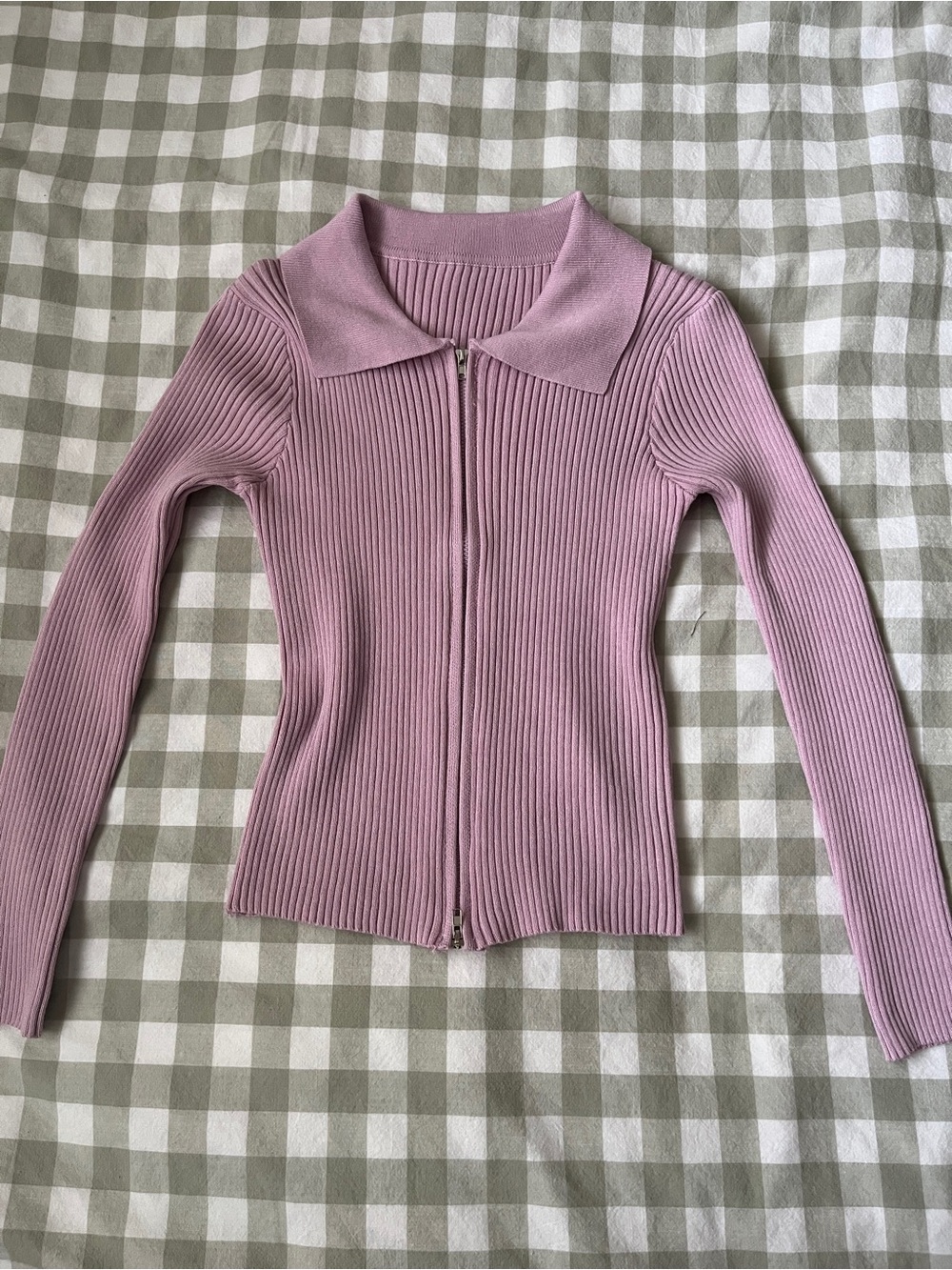 Ribbed Double Zip Collared Sweatshirt - Dusty Pink